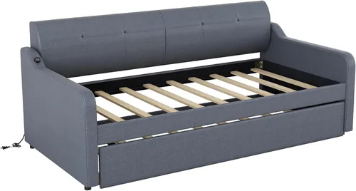 Miniatura 7 de Sofá cama individual con nido, sofá cama de tapicería con diseño de carga USB, nido puede ser plano o erigido, gris