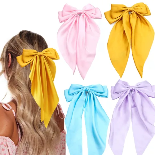 Miniatura 8 de 4 lazos de satén sedoso para el cabello, clip de cinta para el cabello, con lazo grande, clips de metal, pasador francés, cola larga, accesorios