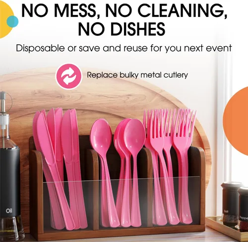 Miniatura 5 de Party Solids Cerise - Cubiertos de plástico resistentes, 150 piezas de cubiertos desechables de Cerise, juego de utensilios, 50 de cada tenedor