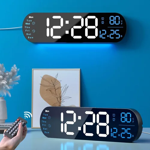 Relojes de pared grandes de 13.7 pulgadas, reloj de pared de cocina con control remoto, luz nocturna RGB, atenuación automática de brillo, doble