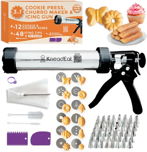 KneadEat Premium Kit de 68 piezas para hacer churros - Pistola de prensa de galletas tipo spritz - Pistola de glaseado. 12 discos para galletas y
