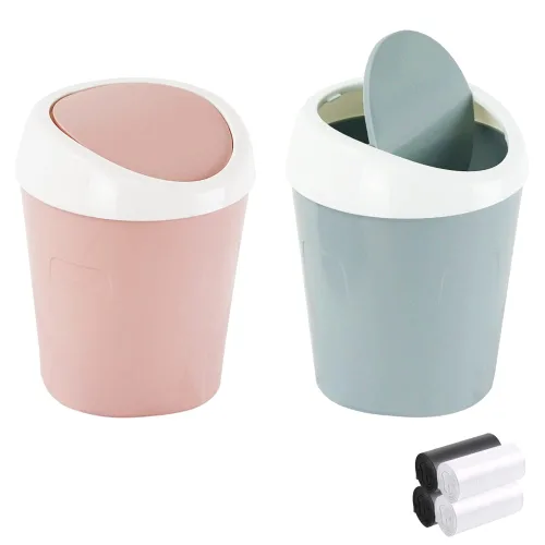 Miniatura 9 de SITAKE 2 cubos de basura de plástico con 120 bolsas de basura, pequeño cubo de basura de escritorio con tapa abatible para el hogar, oficina