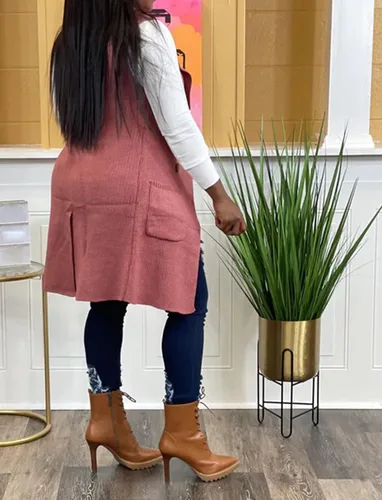 Miniatura 4 de Suéter largo casual sin mangas para mujer, cárdigan de punto con frente abierto, chaleco con bolsillos