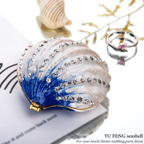 Miniatura 3 de YU FENG Caja de joyería de conchas marinas con cristales con bisagras, pintada esmaltada, coleccionable, color azul oscuro