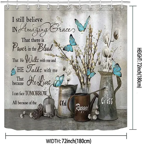 Miniatura 2 de Namdeva Cortina de ducha rústica de granja, diseño de mariposa azul, flores de algodón blanco, citas inspiradoras, estilo shabby chic, decoración