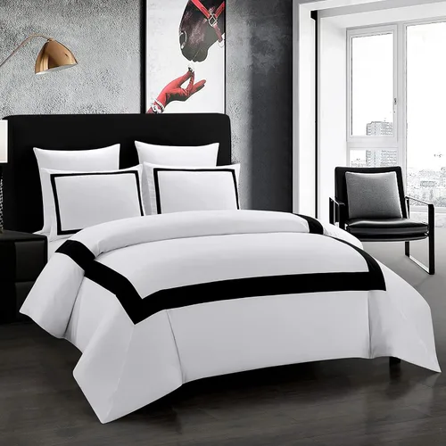 OSVINO Juego de funda de edredón de hotel, tamaño individual, 2 piezas, microfibra con patrón de líneas negras, colección de ropa de cama, ultra