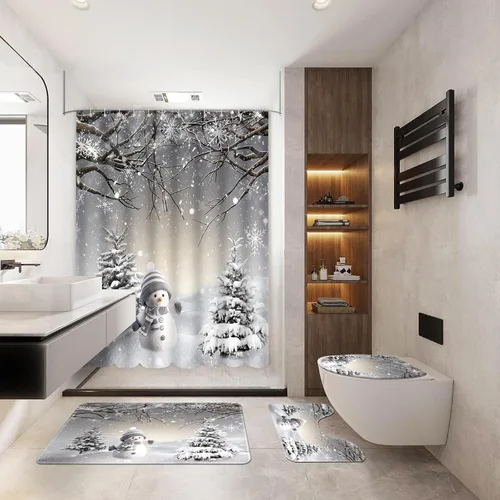 Miniatura 3 de MEHOFOND Juego de 4 cortinas de ducha de invierno de Navidad con alfombras antideslizantes, cubierta de tapa de inodoro y alfombrilla de baño