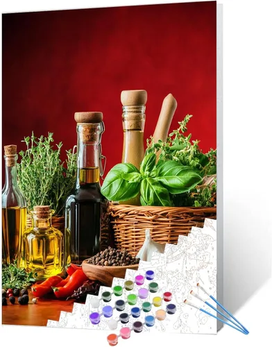Pintura de especias y hierbas, kit de pintura de cilantro y salvia por números, 16 x 20 pulgadas, lienzo de cocina para bricolaje, aceite vegetal,
