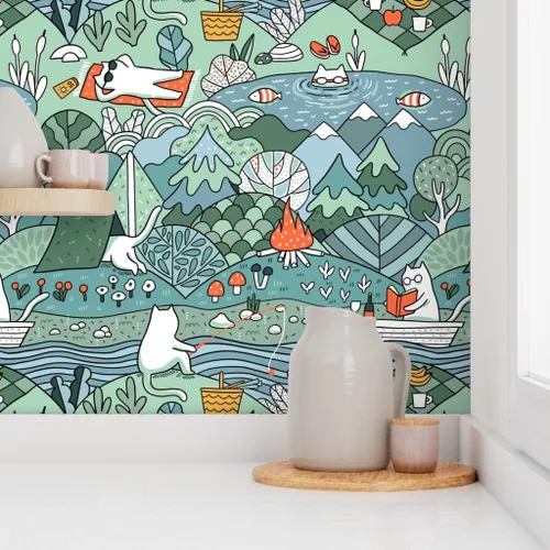 Miniatura 8 de Papel tapiz para despegar y pegar – Day Lake restaura la naturaleza, animales, gatos, picnic de verano, gatos, papel tapiz extraíble personalizado