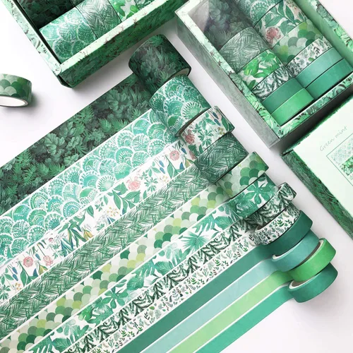 Juego de 12 rollos de cinta washi verde, cinta adhesiva de hojas florales y árbol de washi, cinta decorativa de colores para pintores para