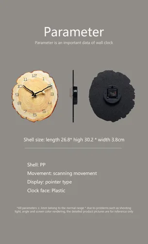 Miniatura 5 de Reloj de pared anual de 12 pulgadas, reloj de tocón de grano de madera con números arábigos, funciona con pilas, movimiento de cuarzo silencioso