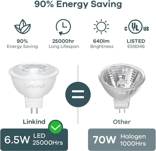 Miniatura 4 de Linkind Bombilla LED MR16 regulable, GU5.3 con base de dos pines GU5.3, 6.5 W (equivalente a 70 W) 3000 K blanco cálido 640 lm MR16, luces