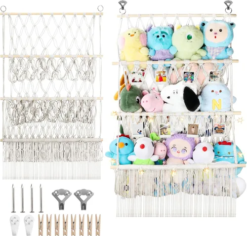 Miniatura 9 de Red de almacenamiento de animales de peluche de 2 niveles, 17 x 32 pulgadas, organizador grande de animales de peluche para pequeños rellenos