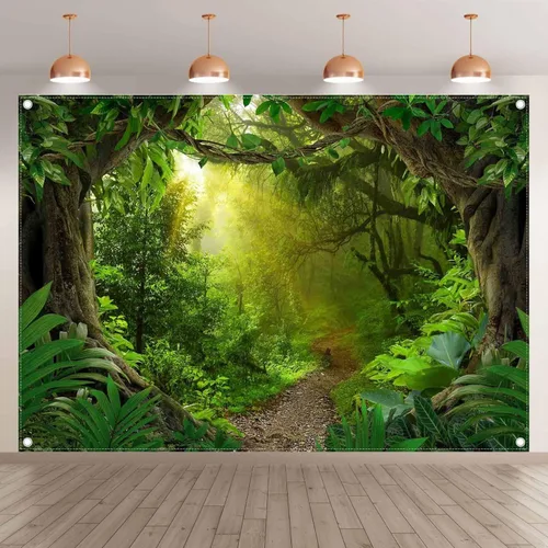 Miniatura 2 de Telón de fondo de fotografía de bosque de selva tropical de 7 x 5 pies, paisaje natural, safari, decoración de fiesta para niños y adultos