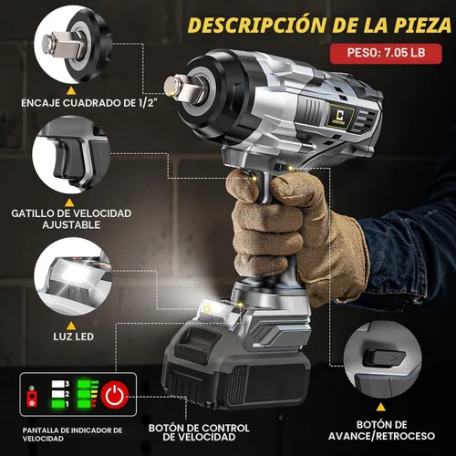 Miniatura 6 de Llave de impacto inalámbrica de 1/2 pulgada compatible con batería Dewalt: Llave de impacto de alto torque de 1700 pies-libras, herramienta