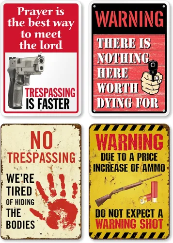 SmartSign Letreros de metal vintage para decoración de pared (paquete de 4) de 10 x 7 pulgadas, divertidos letreros de advertencia "Nothing Here