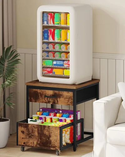 Miniatura 2 de CHOEZON Mesa auxiliar estrecha y mini soporte para refrigerador con almacenamiento, mesa auxiliar delgada con cesta de tela, mini gabinete de nevera