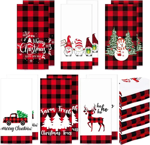 Hosuly 12 toallas de cocina de Navidad a granel, color rojo y negro, a cuadros, paños de cocina para baño, cocina, paños de cocina, invierno,