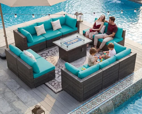 Miniatura 32 de BULEXYARD Juego de 7 piezas de sofá seccional para exteriores con respaldo alto, mesa para fogatas, juego de muebles de patio de mimbre resistente a