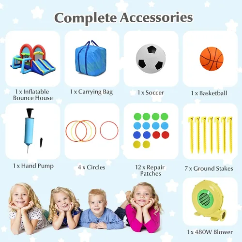 Miniatura 6 de HONEY JOY Casa inflable de rebote, casa hinchable 8 en 1 con área de salto, portería de fútbol, aro de baloncesto, juego de objetivo y lanzamiento