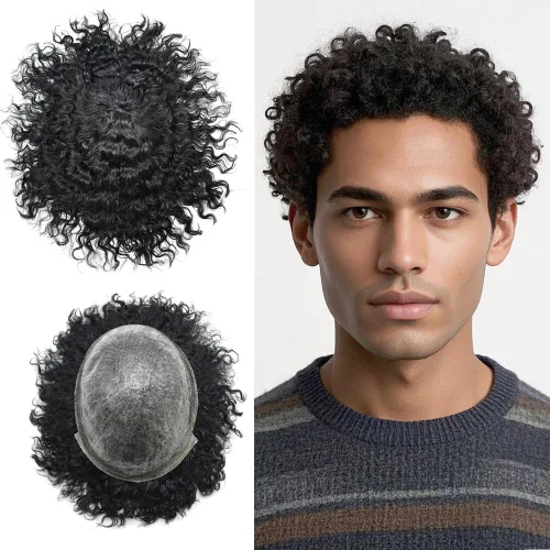 All Poly African American Mens Toupee Unidades de cabello humano brasileño para hombres negros Afro Toupee para hombre negro inyección de PU 1#