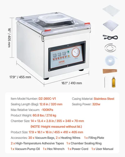 Miniatura 7 de VEVOR Sellador al vacío de cámara, potencia de sellado de 320 W, máquina de envasado al vacío para alimentos húmedos, carnes, adobos y más