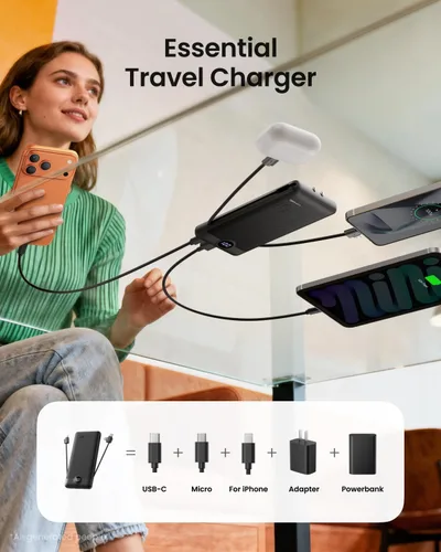 Miniatura 6 de Cargador Portátil con Enchufe de Pared, Banco de Energía USB C Delgado con Cables Integrados, Paquete de Batería Externa con Pantalla LED