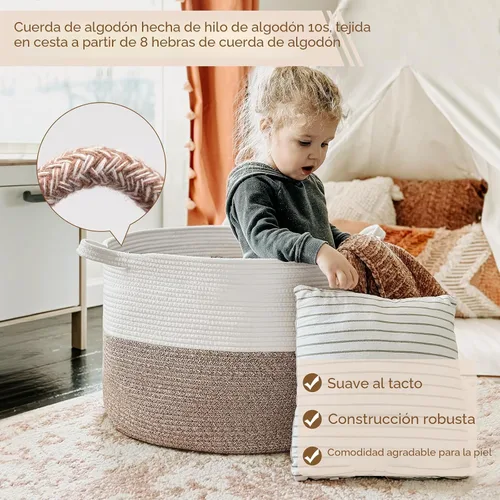 Miniatura 4 de INDRESSME Cesta de Cuerda de Algodón XXXLarge 21.7" x 21.7" x 13.8" Cestas Tejidas para Ropa de Bebé Cestas de Mantas Cesta de Juguetes con Textura