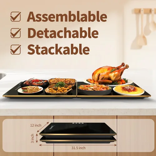 Miniatura 2 de Calentadores de alimentos para bufé de fiestas, (31.5 x 12 pulgadas), bandeja de calentamiento eléctrica apilable y ensamblable con ajuste