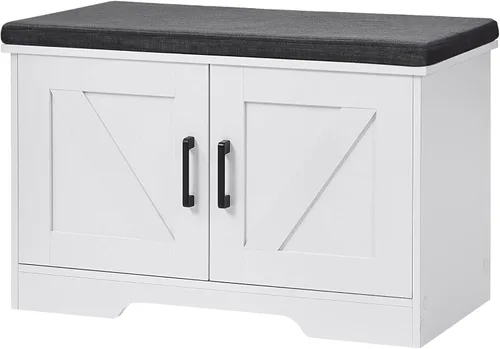 Miniatura 21 de HOMSHO Banca de almacenamiento de 2 niveles, banca para zapatos de 70 cm de ancho con cojín de asiento acolchado, banca de entrada con 2 puertas