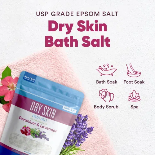 Miniatura 4 de Sal de baño para piel seca, 32 onzas, sal de Epsom con aceites esenciales de geranio natural, lavanda, ylang ylang y limón, además de vitamina C