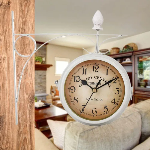 Miniatura 5 de Eforcase Reloj de pared retro de doble cara, estación de reloj de pared de doble cara, reloj colgante de esfera retro, reloj decorativo de cuarzo