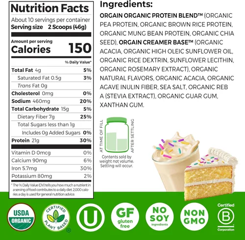 Miniatura 2 de Orgain - Proteína vegana orgánica en polvo, pastel de cumpleaños - 21g de proteína a base de plantas, 7g de fibra prebiótica, bajo en carbohidratos