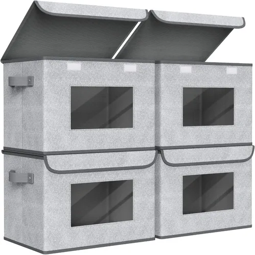 Miniatura 13 de Univivi Cajas de almacenamiento plegables de tela con tapas para ropa, [paquete de 3] cajas organizadoras de armario con asas para el hogar, Beige