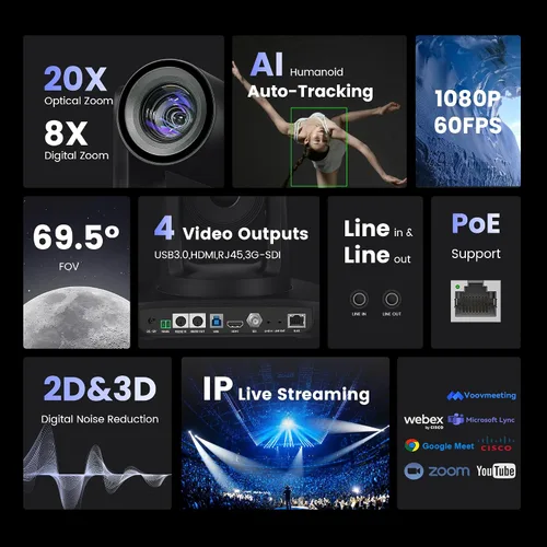 Miniatura 2 de Cámara PTZ de Seguimiento Automático AI iuZee 3G-SDI/USB3.0/HDMI/LAN IP PoE Transmisión en Vivo 20X Zoom Óptico y 8X Zoom Digital Cámara 1080P 60FPS