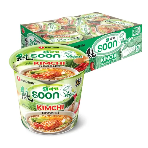 Nongshim Soon Kimchi - Taza de mezcla de sopa de fideos ramen vegana instantánea, paquete de 6, ramen vegano sin carne para microondas, copos de