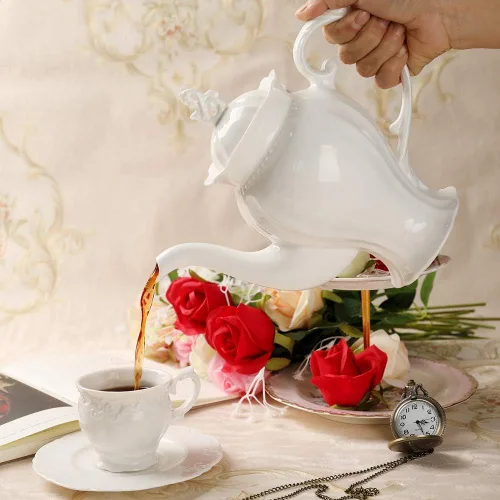 Miniatura 2 de Tetera inglesa ultra blanca de porcelana fina, cafetera estilo Victoria, peso ligero, 37 onzas