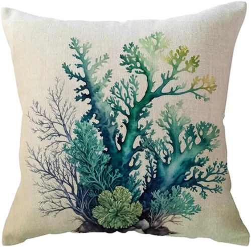 Miniatura 8 de ULOVE LOVE YOURSELF Funda de almohada de acuarela coral con diseño de planta de follaje de árbol de mar, océano náutico, playa, casa, fundas