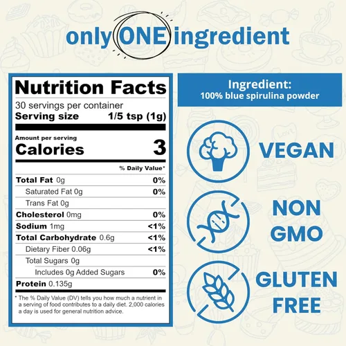 Miniatura 2 de Polvo de espirulina azul (extracto de ficocianina) – 1.06 oz/1.05 onzas, proteína vegana 100% pura de algas, sin olor a pescado, colorante natural