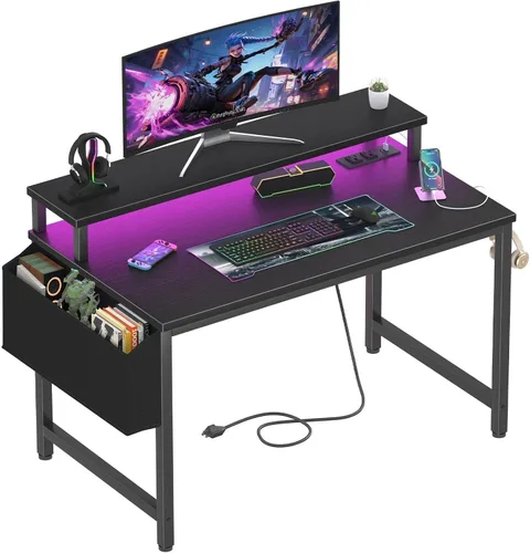 Lufeiya Escritorio pequeño con tomas de corriente y luces LED, mesa de estudio de escritura para adolescentes de 32 pulgadas, escritorio para