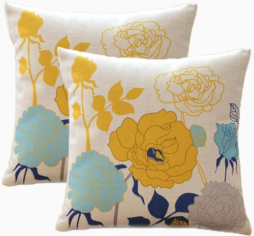 Miniatura 8 de Juego de 2 fundas de almohada de lino y algodón para sofá, 7.1 x 7.1 pulgadas, serie de pájaros y flores, mezcla de algodón, Amarillo y agua