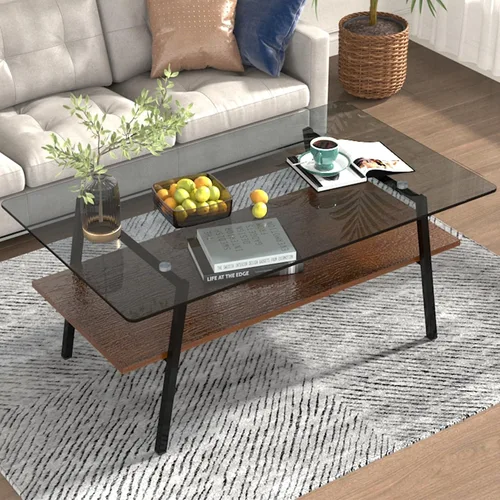 Miniatura 12 de Mesa de centro moderna rectangular con tapa de vidrio templado con estante de madera para el hogar, sala de estar, oficina, tienda o dormitorio