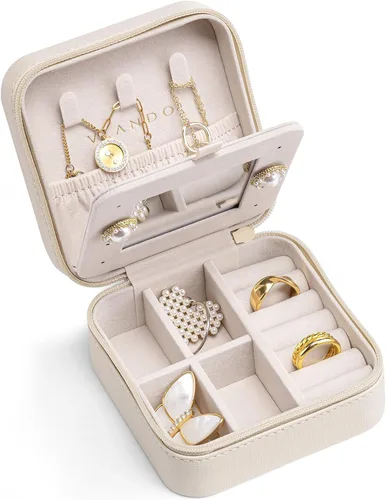 Vlando Pequeño organizador de joyas de viaje, vitrina para niñas, mujeres, regalo anillos, aretes, collares, almacenamiento con espejo, color blanco