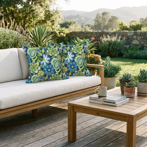 Miniatura 830 de Juego de 2 almohadas para exteriores de 16 x 16 pulgadas, repelentes al agua con interiores, para muebles de patio, hogar, jardín, geometría bohemia