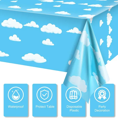 Miniatura 4 de Tatuo 4 piezas de suministros de fiesta de cumpleaños de cielo azul y nubes blancas, mantel de historias de dibujos animados, mantel de mesa