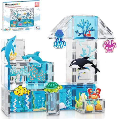 PicassoTiles Azulejos Magnéticos Bloques de construcción magnéticos para acuario, juego temático de animales marinos con 8 figuras de acción de