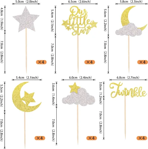 Miniatura 2 de Paquete de 24 adornos para cupcakes con purpurina de luna, nube, estrellas, estrellas, baby shower, niños, cumpleaños, boda, fiesta, decoración