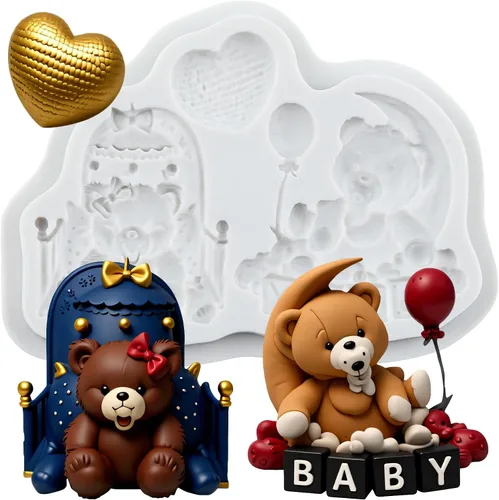 Miniatura 10 de Moldes de silicona para fondant de oso para decoración de pasteles de oso de peluche, decoración de cupcakes, pasta de goma de mascar de azúcar