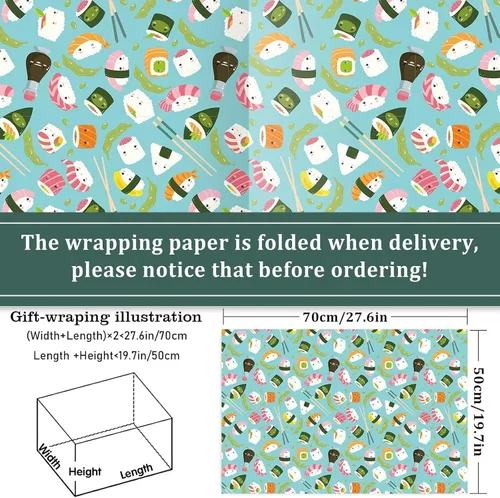 Miniatura 2 de Whaline 12 hojas de papel de regalo de caras de sushi a granel de 19.7 x 27.6 pulgadas, lindo sushi a la moda, divertido papel de arte plegado plano