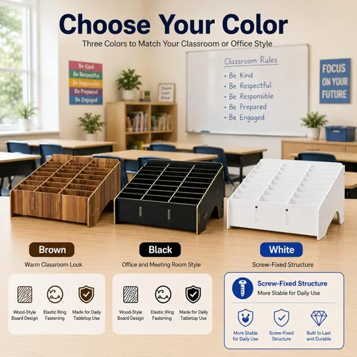 Miniatura 7 de XICHENGSHIDAI Soporte para teléfono celular con 24 ranuras para aula, caja de almacenamiento de teléfono con aspecto de madera y organizador de Negro